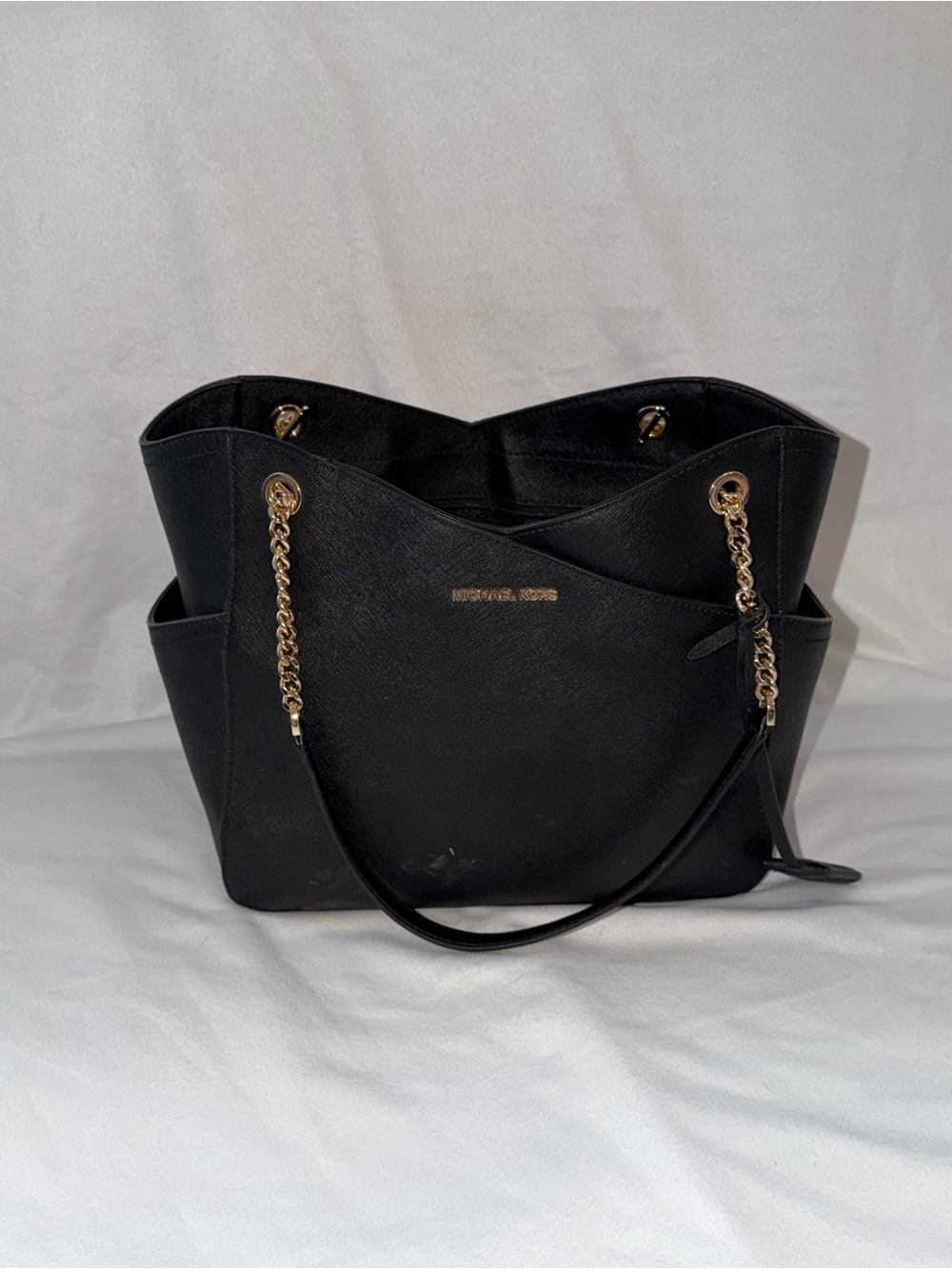 Michael Kors Black Saffiano Leather Tote with Gold Chain Straps